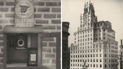 Teléfono público y sede de Telefónica en la Gran Vía de Madrid Teléfono público y sede de Telefónica en la Gran Vía de Madrid