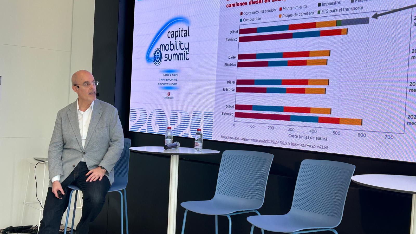 Arturo Pérez de Lucia, director general de Aedive y vicepresidente de Avere, presenta en el Capital Mobility Summit el informe \"El transporte ante la movilidad eléctrica\".