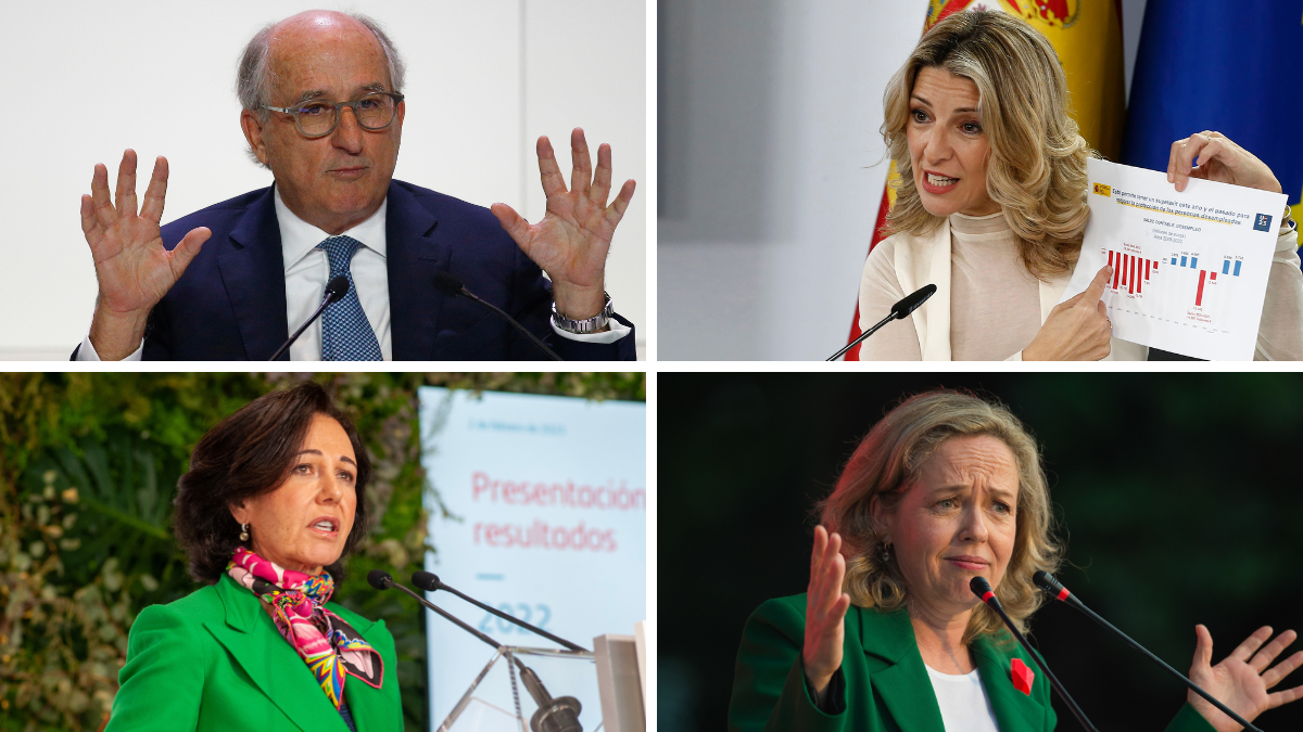 Antonio Brufau (Repsol), Yolanda Díaz (ministra de Trabajo), Ana Botín (presidenta de Santander) y Nadia Calviño (ministra de Asuntos Económicos) Antonio Brufau (Repsol), Yolanda Díaz (ministra de Trabajo), Ana Botín (presidenta de Santander) y Nadia Calviño (ministra de Asuntos Económicos)