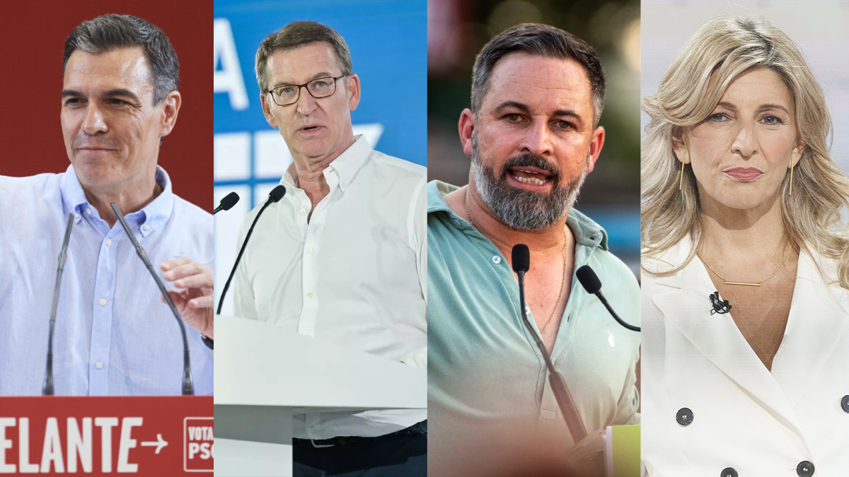 Pedro Sánchez (PSOE), Alberto Núñez Feijóo (PP), Santiago Abascal (Vox) y Yolanda Díaz (Sumar). Pedro Sánchez (PSOE), Alberto Núñez Feijóo (PP), Santiago Abascal (Vox) y Yolanda Díaz (Sumar).