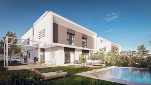 Jardín con piscina de las viviendas de la promoción Eris de AEDAS Homes en el sector de Entrenúcleos, en Dos Hermanas. Jardín con piscina de las viviendas de la promoción Eris de AEDAS Homes en el sector de Entrenúcleos, en Dos Hermanas.