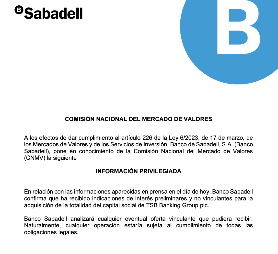 Comunicado de Banco Sabadell a la CNMV Comunicado de Banco Sabadell a la CNMV