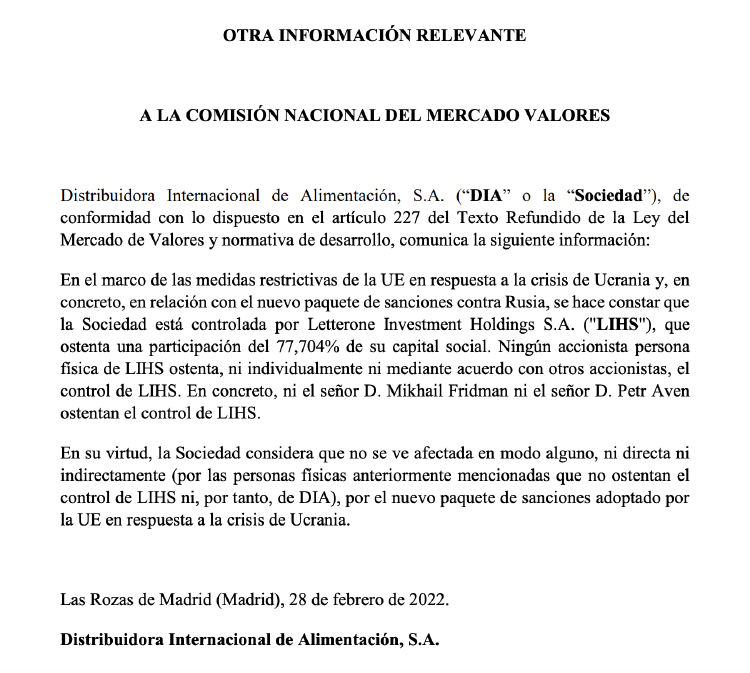 Comunicado de DIA a la CNMV Comunicado de DIA a la CNMV