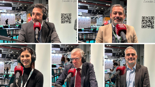 De izquierda a derecha, empezando por la fila superior: Alberto Leal, director de Genera y Matelec; José María González Moya, director general de APPA (Asociación de Energías Renovables); Mercedes Contreras, directora de Comunicación de ANESE (Asociación Nacional de Empresas de Servicios Energéticos); José Donoso, director general de UNEF (Unión Española Fotovoltaica); y Álex Burgalés, secretario general de AFME (Asociación de Fabricantes de Material Eléctrico). De izquierda a derecha, empezando por la fila superior: Alberto Leal, director de Genera y Matelec; José María González Moya, director general de APPA (Asociación de Energías Renovables); Mercedes Contreras, directora de Comunicación de ANESE (Asociación Nacional de Empresas de Servicios Energéticos); José Donoso, director general de UNEF (Unión Española Fotovoltaica); y Álex Burgalés, secretario general de AFME (Asociación de Fabricantes de Material Eléctrico).