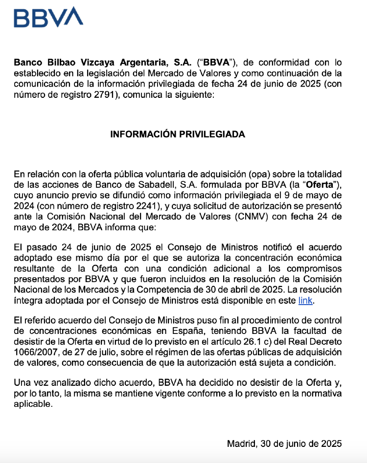 Comunicado de BBVA a la CNMV sobre el mantenimiento de la OPA por Sabadell Comunicado de BBVA a la CNMV sobre el mantenimiento de la OPA por Sabadell
