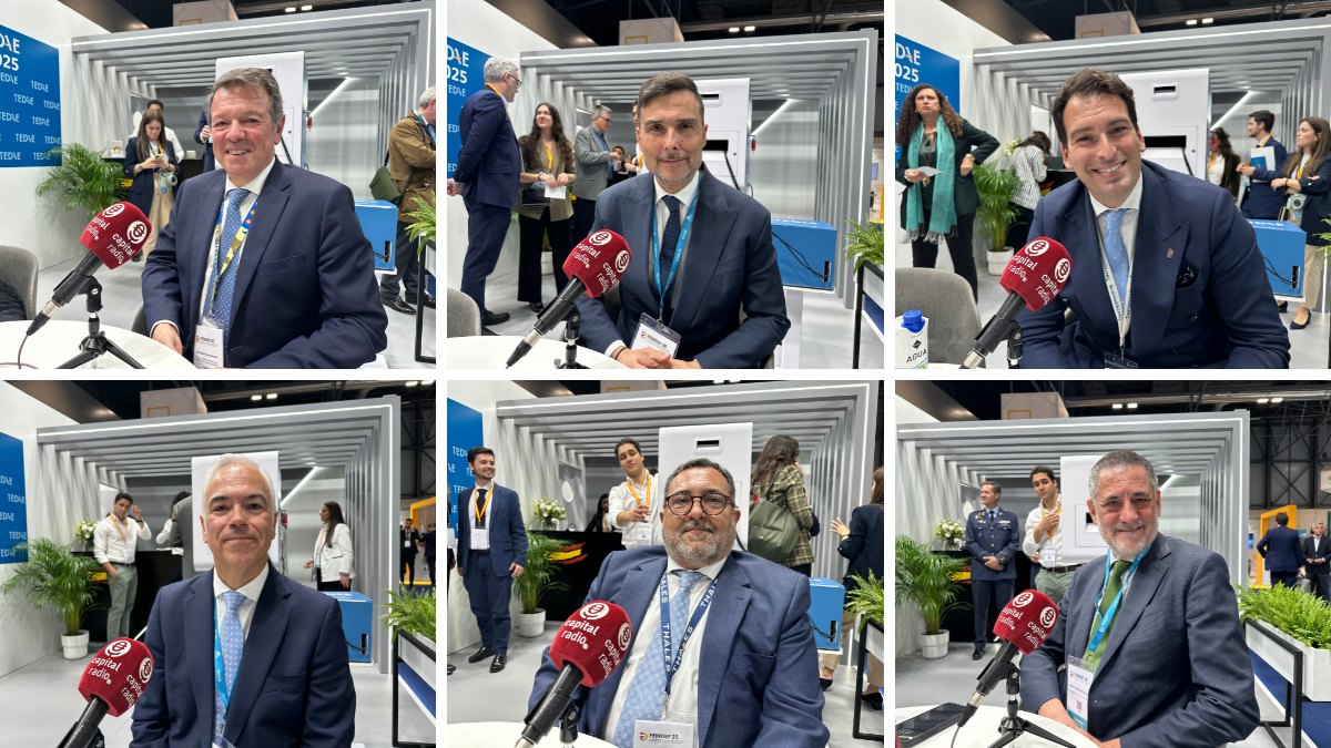 De izquierda a derecha, Juan Escriña (Santa Bárbara), Enrique López (Amper) Álvaro Sánchez (Integrasys), José Prieto (GMV), Paco Simón (Thales España), Miguel Ángel García Primo (Hisdesat)
