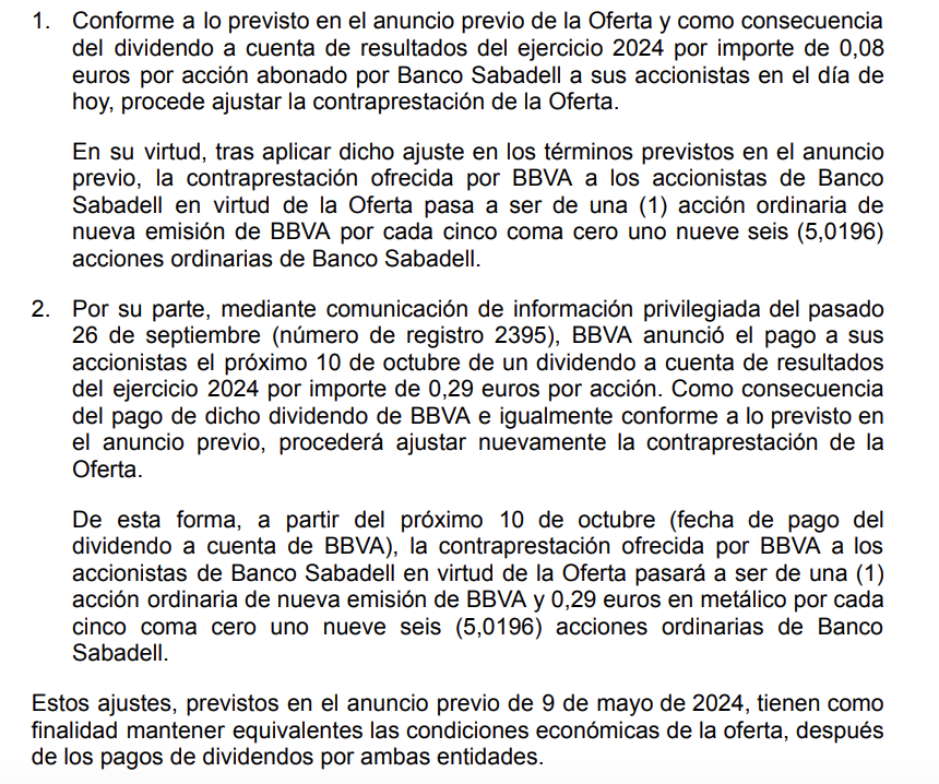 Explicación de BBVA a la CNMV sobre la oferta por Sabadell