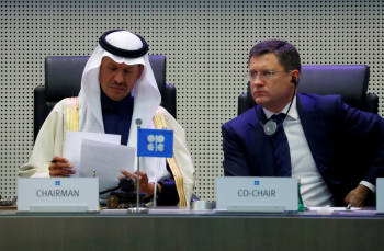 Saudi Arabia\'s Minister of Energy Prince Abdulaziz bin Salman Al-Saud and Russian Energy Minister Alexander Novak at a meeting in Vienna, 2019
